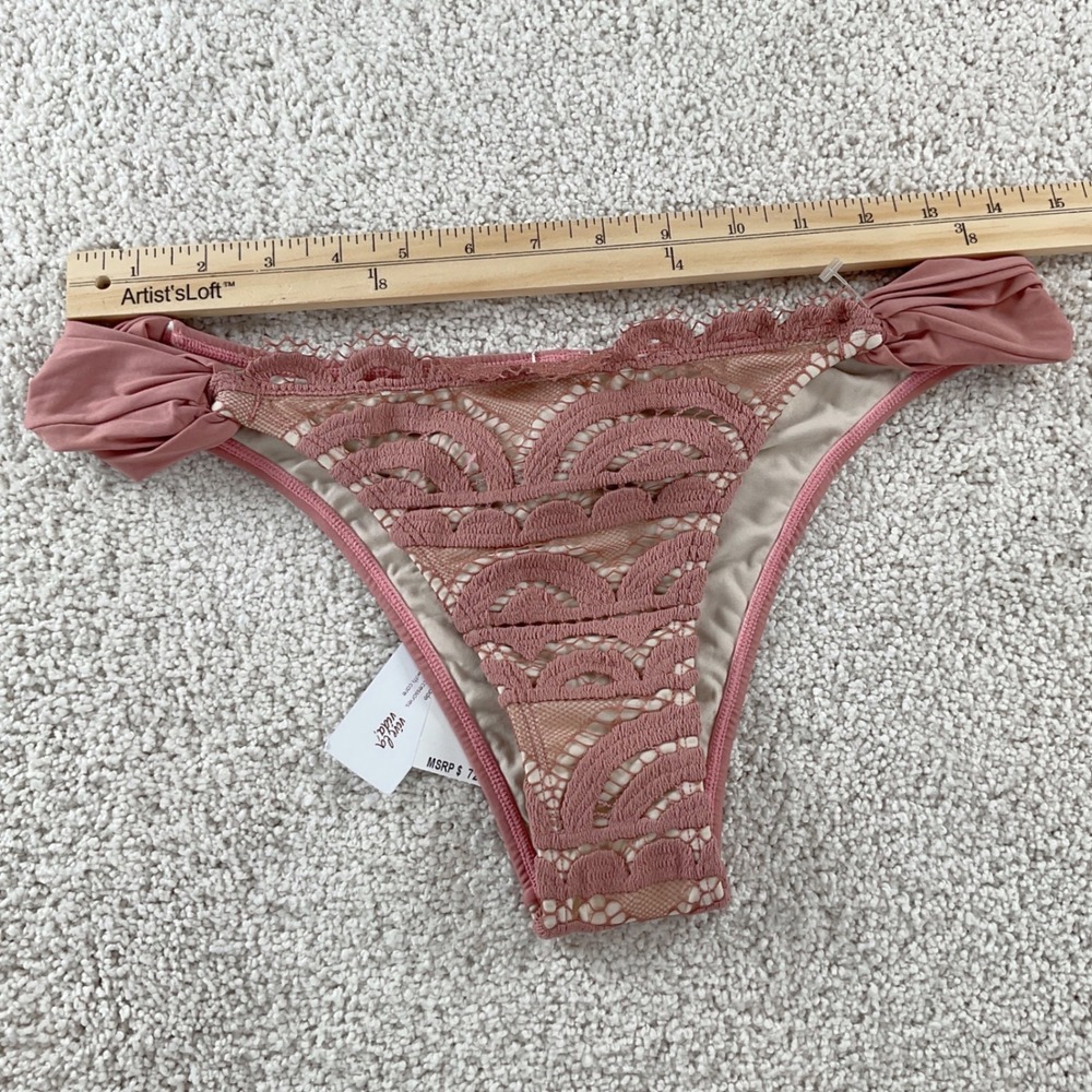 PilyQ Dusty Rose Lace Fanned Teeny Bikini Bottom Ruched Back DUS-251T NWT Size L - Picture 10 of 10